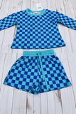 Turquoise & blue Checkered printed long sleeve top & Shorts 2pc girls set XCH04052 A9S1