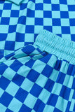Turquoise & blue Checkered printed long sleeve top & Shorts 2pc girls set XCH04052 A9S1
