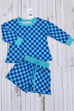 Turquoise & blue Checkered printed long sleeve top & Shorts 2pc girls set XCH04052 A9S1