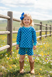 Turquoise & blue Checkered printed long sleeve top & Shorts 2pc girls set XCH04052 A9S1