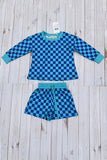 Turquoise & blue Checkered printed long sleeve top & Shorts 2pc girls set XCH04052 A9S1