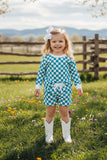 Mint & white Checkered printed long sleeve top & Shorts 2pc girls set XCH04054 A9S1