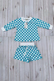 Mint & white Checkered printed long sleeve top & Shorts 2pc girls set XCH04054 A9S1