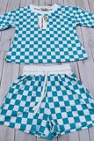 Mint & white Checkered printed long sleeve top & Shorts 2pc girls set XCH04054 A9S1