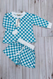 Mint & white Checkered printed long sleeve top & Shorts 2pc girls set XCH04054 A9S1