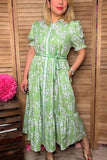 Southern Stitch Green floral printed maxi women dress w/belt GJQ17013