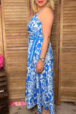 Blue floral printed & belt & adjustable strap maxi women dress with/belt BQ15897 ABS1