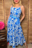 Blue floral printed & belt & adjustable strap maxi women dress with/belt BQ15897 ABS1