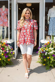 Southern Stitch Floral printed white pompoms cap sleeve red women blouse GJQ16693