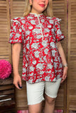 Southern Stitch Floral printed white pompoms cap sleeve red women blouse GJQ16693