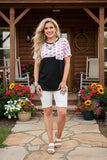 DLH9954 Pink hats printed & black short sleeve women tops (GS10)
