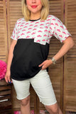 DLH9954 Pink hats printed & black short sleeve women tops (GS10)