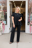 Black elastic front women blouse & wide leg pant 2pc women set XCH16159 HS3