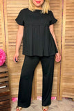 Black elastic front women blouse & wide leg pant 2pc women set XCH16159 HS3