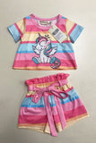 Striped unicorn patterns short sleeve top & shorts 2pc girls set w/belt XCH04025 A3S1