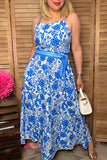 Blue floral printed & belt & adjustable strap maxi women dress with/belt BQ15897 ABS1