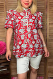 Southern Stitch Floral printed white pompoms cap sleeve red women blouse GJQ16693