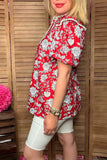 Southern Stitch Floral printed white pompoms cap sleeve red women blouse GJQ16693