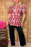 Southern Stitch Floral printed white pompoms cap sleeve red women blouse GJQ16693