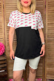 DLH9954 Pink hats printed & black short sleeve women tops (GS10)