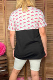 DLH9954 Pink hats printed & black short sleeve women tops (GS10)