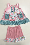 XCH0666-5H Pink striped & Floral printed top and shorts sets A3S1