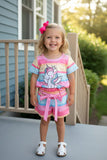 Striped unicorn patterns short sleeve top & shorts 2pc girls set w/belt XCH04025 A3S1