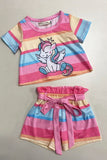 Striped unicorn patterns short sleeve top & shorts 2pc girls set w/belt XCH04025 A3S1