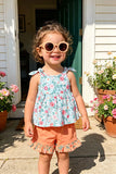 Blue floral printed sleeveless top & coral shorts 2pc girls set  XCH0666-32H A8S1
