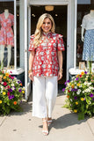 Southern Stitch Floral printed white pompoms cap sleeve red women blouse GJQ16693