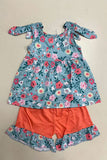Blue floral printed sleeveless top & coral shorts 2pc girls set  XCH0666-32H A8S1