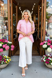 Southern Stitch Pink striped short sleeves women blouse GJQ17012