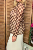 Southern Stitch  Sheer long sleeve women's top with brown checkered print XCH17168 IS4