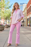 Clearance -- Southern Stitch Pink seersucker striped collared split neck women's top XCH17030