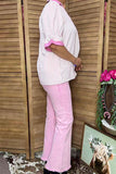 Clearance -- Southern Stitch Pink seersucker striped collared split neck women's top XCH17030