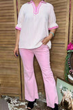 Clearance -- Southern Stitch Pink seersucker striped collared split neck women's top XCH17030