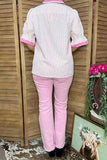 Clearance -- Southern Stitch Pink seersucker striped collared split neck women's top XCH17030