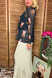 Southern Stitch Western boots printed black sheer long sleeve women top XCH17125
