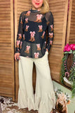 Southern Stitch Western boots printed black sheer long sleeve women top XCH17125