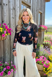 Southern Stitch Western boots printed black sheer long sleeve women top XCH17125