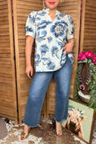 Southern Stitch Blue floral baby doll puff short sleeve women top GJQ16996 (FS4)