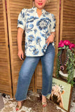 Southern Stitch Blue floral baby doll puff short sleeve women top GJQ16996 (FS4)