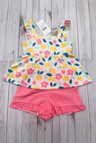 Yellow floral printed & coral shorts 2pcs girls sets/non-stretchy fabric XCH04060 A8S5