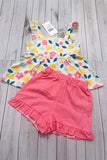 Yellow floral printed & coral shorts 2pcs girls sets/non-stretchy fabric XCH04060 A8S5