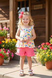 Yellow floral printed & coral shorts 2pcs girls sets/non-stretchy fabric XCH04060 A8S5