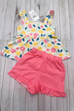 Yellow floral printed & coral shorts 2pcs girls sets/non-stretchy fabric XCH04060 A8S5