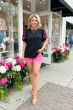 Pink floral embroidery puff short sleeve black women blouse XCH16809 CS2