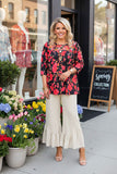 Floral embroidery & floral printed 3/4 sleeves baby doll women top XCH16339(BS5)