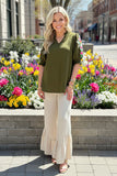 Olive Green flower embroidery ruffle short sleeve women top XCH16633