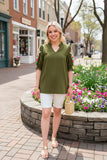Olive Green flower embroidery ruffle short sleeve women top XCH16633